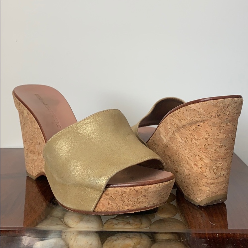 Diane von Furstenberg gold cork wedges